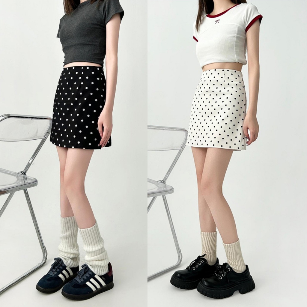 กระโปรงลายจุด POKADOT SKIRT สำหรับผู้หญิง มีชับใน Plus Size ผ้าคุณภาพสูง ขนาด XS-XXXL พร้อมส่ง