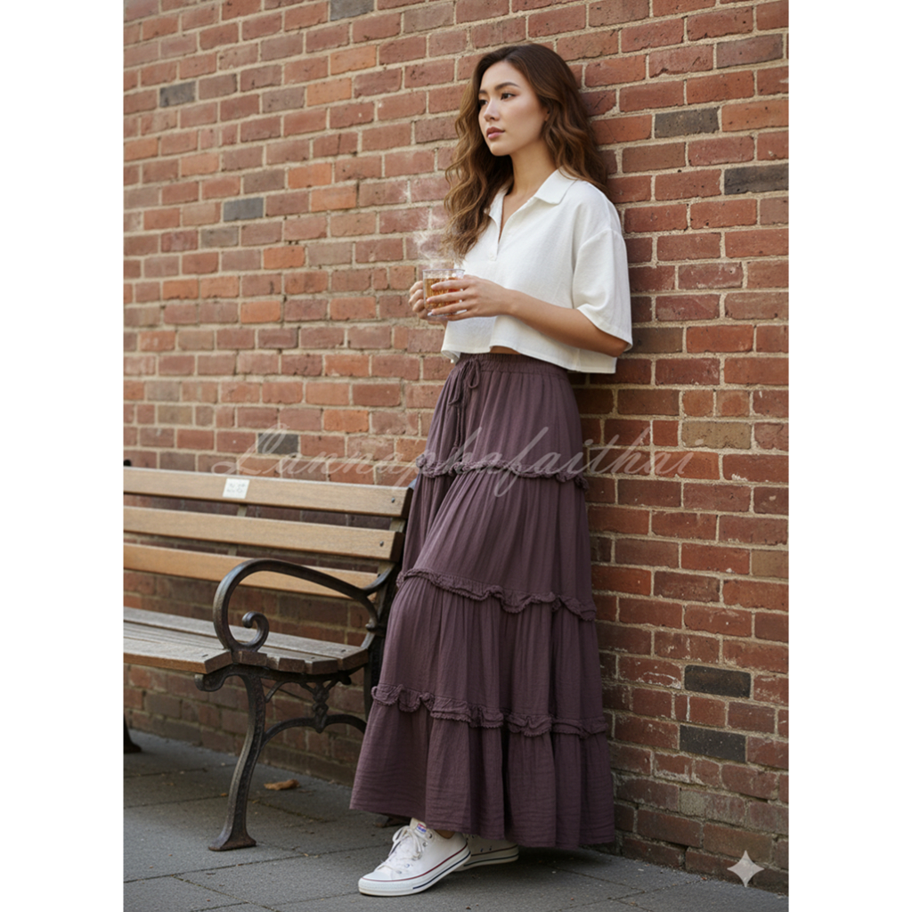 Lannaphafaithaiกระโปรงยาวผ้าฝ้ายสาลูหญิง ทรงระบาย 3 ชั้น สไตล์วินเทจ เอวยืด ใส่สบาย ไม่ร้อน