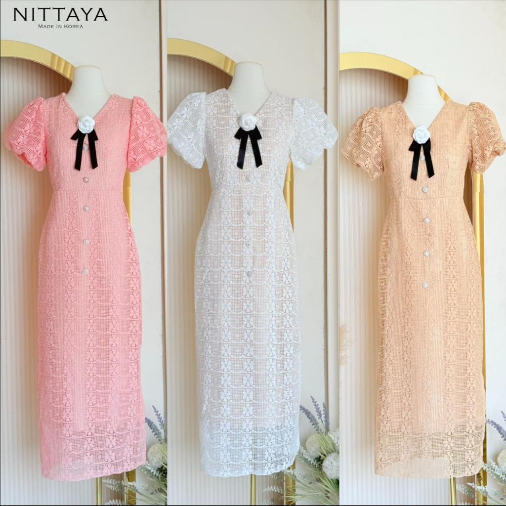 [NITTAYA] D2852 ชุดเดรสกระโปรงยาวคอวีแขนตุ๊กตาแต่งกระดุมหน้าเข็มกลัดโบว์ดอกไม้ สวยหรูผู้ดี ใส่ออกงาน งานมงคล
