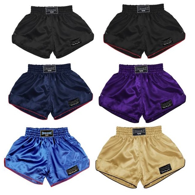 BOON Muay Thai Shorts Retro ( SS,S,,M,L,XL,2XL,3XL) Satin100% กางเกงมวย บุญมวยไทย ทำจากผ้าผ้าซาติน ของเเท้จากโรงงานบุญ