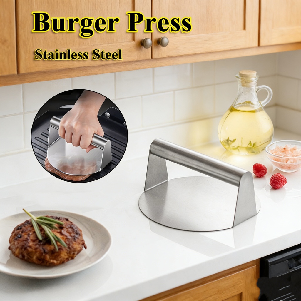Stainless Steel Burger Press, 5.5 Inches, Round Burger Smasher, Non-Adhesive Bacon and Grill Press f