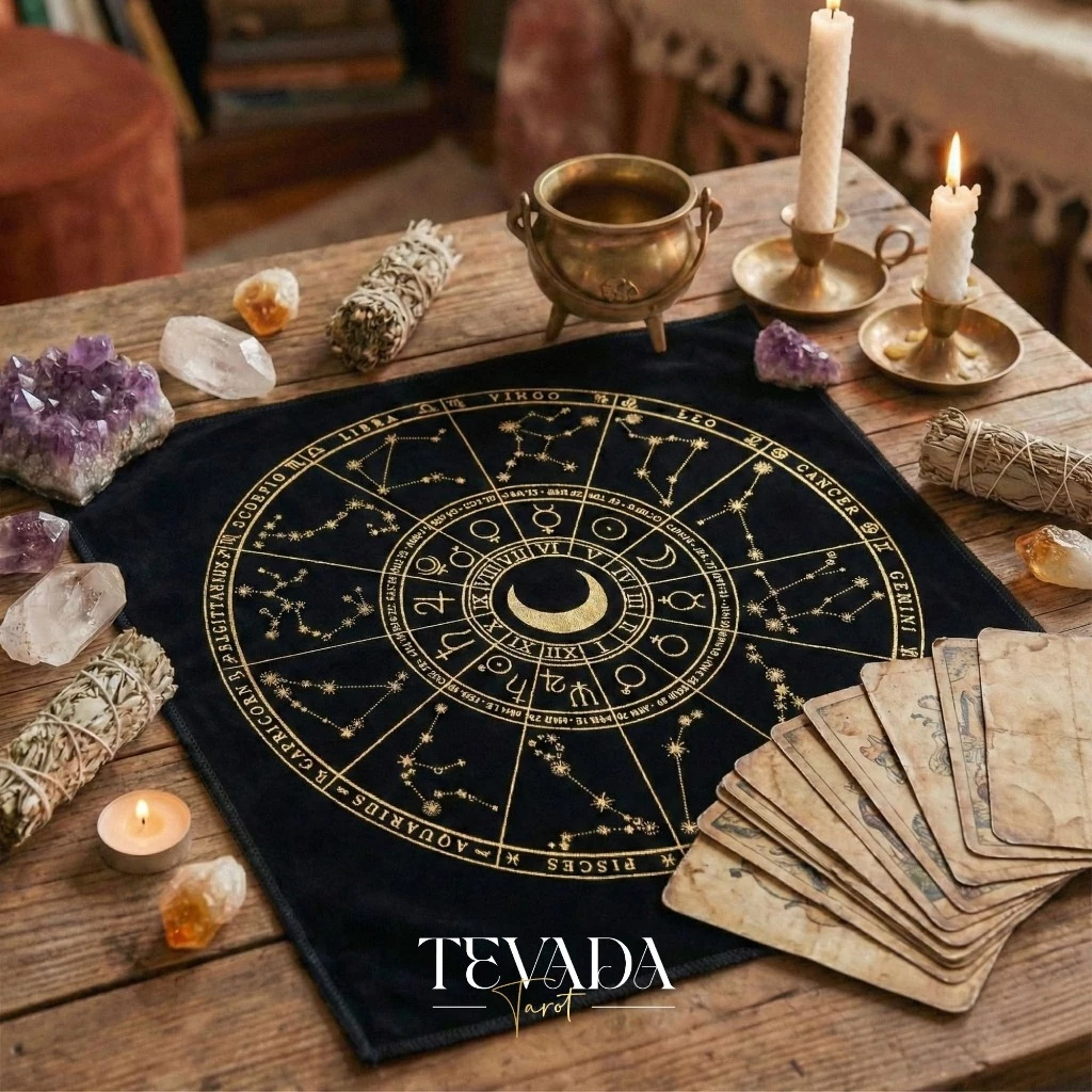 ผ้ารองไพ่ยิปซี ผ้าปูโต๊ะดูดวง Black Velvet Tarot Cloth ผ้ากำมะหยี่สีดำ ลายจักรราศีทอง ของแท้ สายมู แต่งหิ้งบูชา พร้อมส่ง