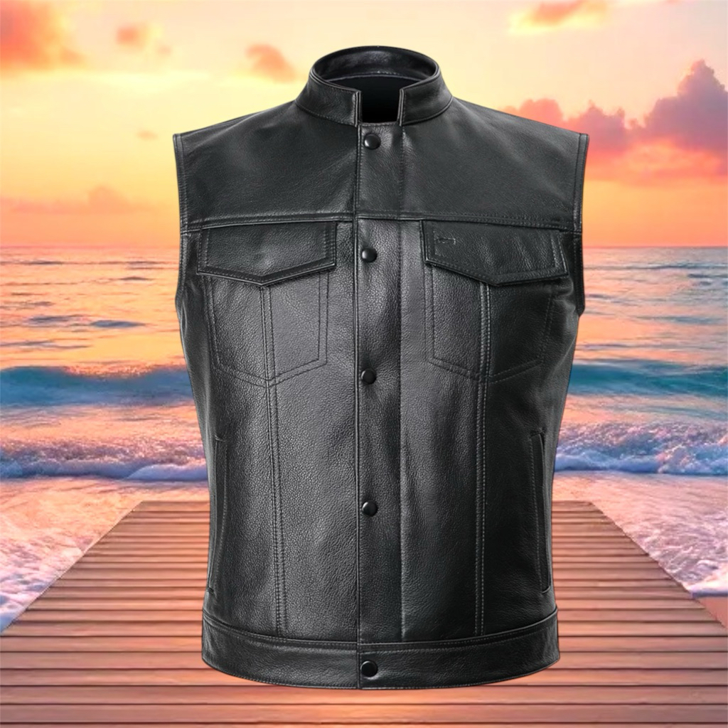 เสื้อกั๊กหนังแท้ vintage vest leather แจ็คเก็ตหนังแท้คอจีนคอตั้งคอวี(พรีฯสุดคุ้ม)