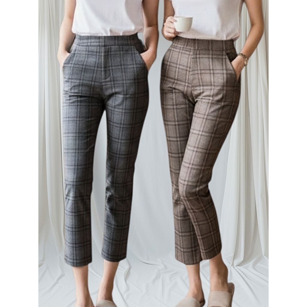 M-4XL #กางเกง7ส่วนลายสก็อต ซิปหน้า #กางเกงแฟชั่นหญิง**พร้อมส่ง**