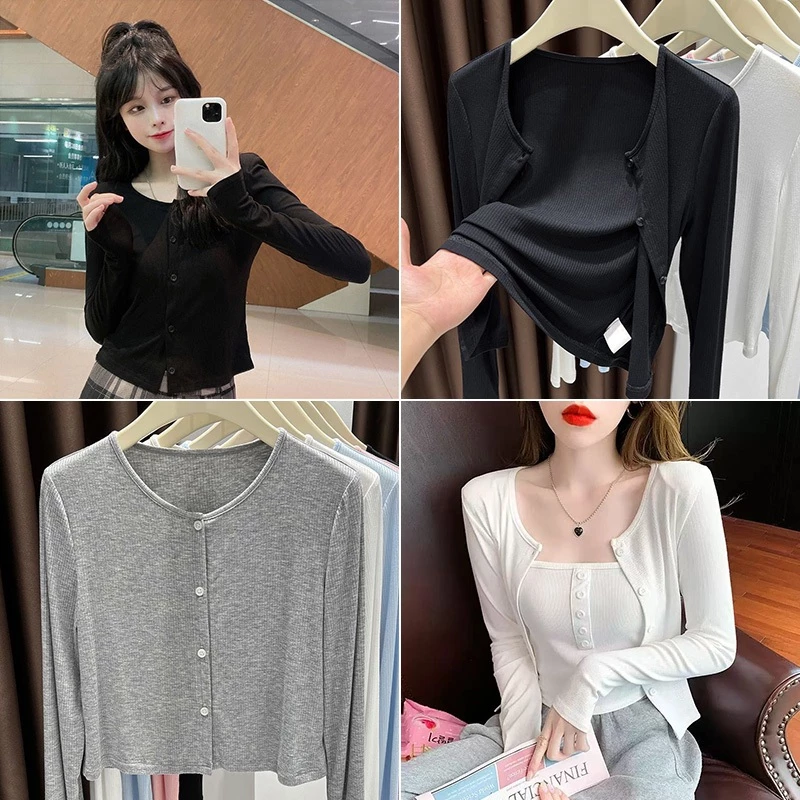 ส่งจากไทย✨เสื้อแขนยาว เสื้อคาร์ดิแกนแจ็คเก็ตบาง สีพื้น ยืดพอดีตัว กระดุมหน้า สไตล์เกาหลี ใส่คลุมสวยๆ 4 สีให้เลือก#F011