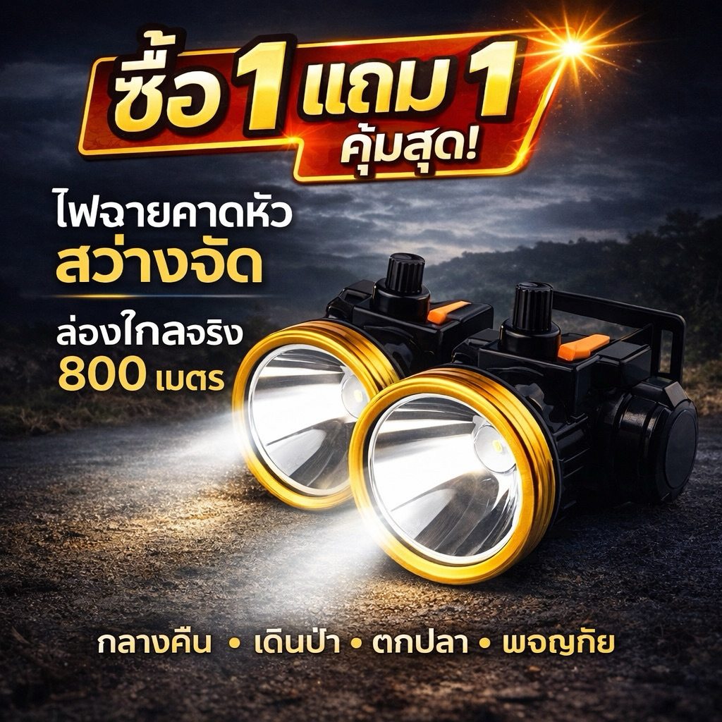 ไฟฉายคาดหัว แรงสูง LED ส่องไกล แสงขาว/เหลือง ชาร์จไฟบ้าน ใช้งานกลางคืน เดินป่า กรีดยาง