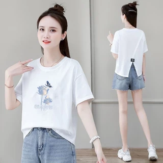 เสื้อครอปสั้นทรงหลวมทันสมัยและใส่ได้หลา Oversize เสื้อยืดแขนสั้นสำหรับผู้หญิง มี slits ด้านหลัง สไตล์ใหม่สำหรับฤดูร้อน