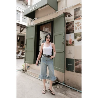 (พร้อมส่ง) Ruffled Cropped Jeans กางเกงยีนส์ยืด5ส่วนแต่งชายระบายรุ่น A707 TAG DARIM 🇰🇷