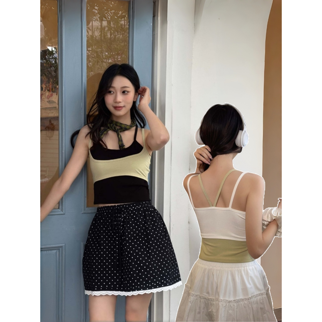 26185 เสื้อกล้ามทูโทน ผู้หญิง สไตล์ซ้อนชั้น หลอกใส่สองชิ้น มีฟองน้ำในตัว ใส่สวยไม่โป๊ Bra camisole