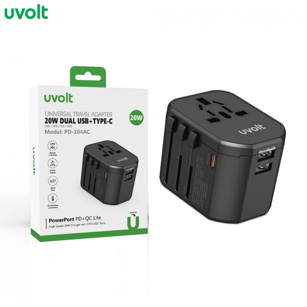 หัวชาร์จ 20w PD104AC : Uvolt Universal Travel Adapter 20W Dual USB+Type C Model:PD-104AC ประกัน 1 ปี