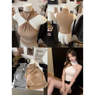 HOTถูกที่สุดในโลกออนไลน์! เสื้อคล้องคอ เว้่หลัง แต่งลูกไม้ เสริมฟองน้ำในตัว สีพื้นดำขาวเกาหลี FY3577