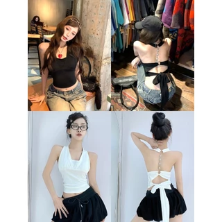 HOTถูกที่สุดในโลกออนไลน์! เสื้อคล้องคอ เว้่หลัง แต่งลูกไม้ เสริมฟองน้ำในตัว สีพื้นดำขาวเกาหลี FY3577
