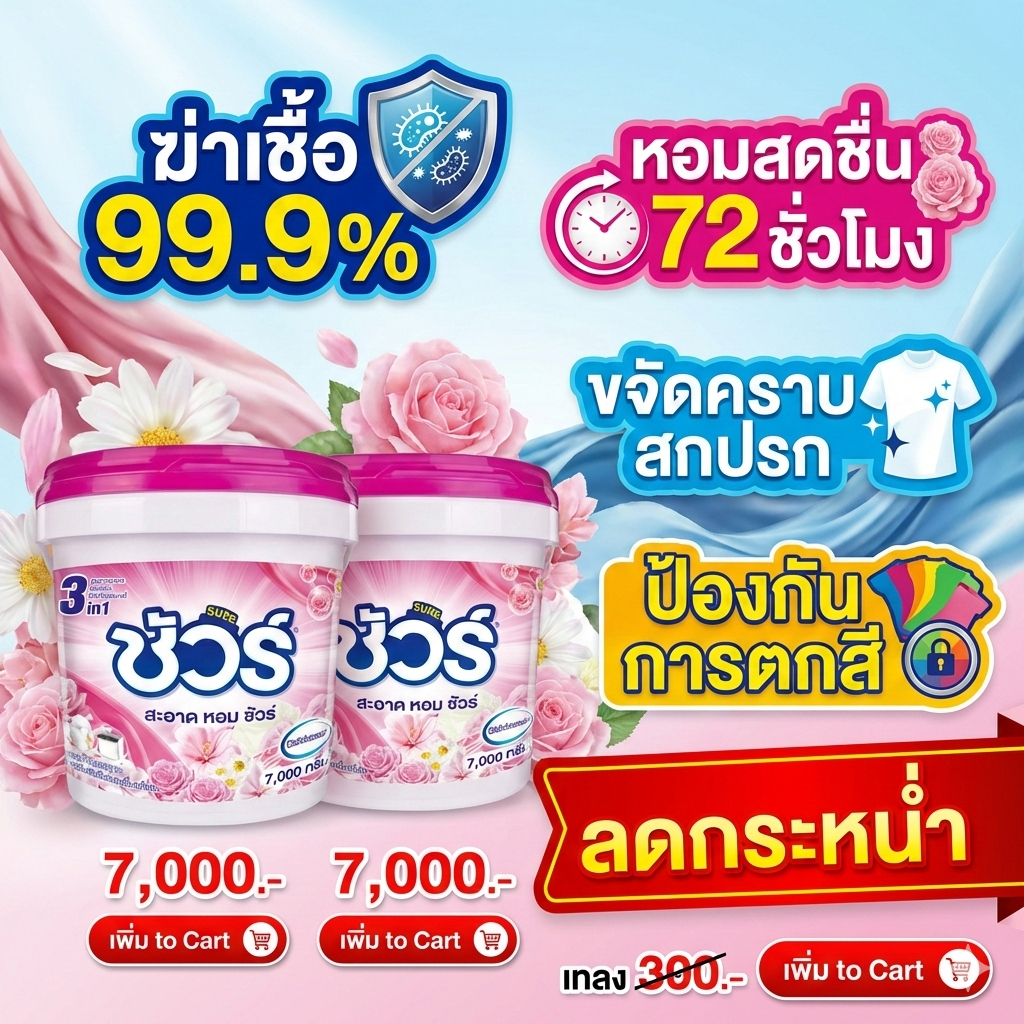 [แพ็คคู่สุดคุ้ม] SURE ผงซักฟอก ชัวร์ 7kg x2 ฆ่าเชื้อ 99.9%➕หอมนาน 72 ชม.➕ขจัดคราบลึก➕ถนอมสีผ้า