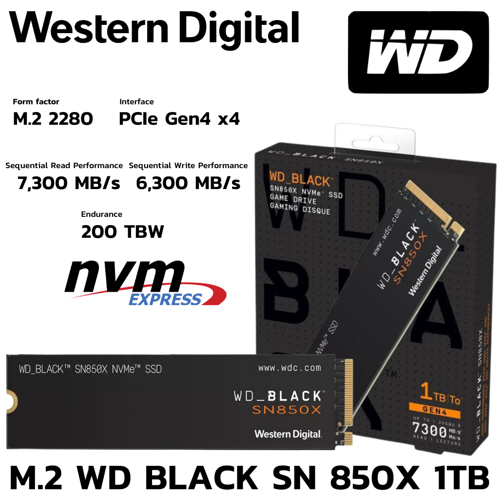 M.2 1 TB SSD (เอสเอสดี) WD BLACK SN850X WITHOUT HEATSINK - PCIe 4x4/NVMe M.2 2280 (WDS100T2X0E)