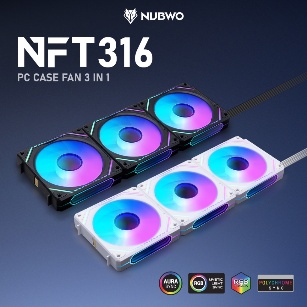 NUBWO พัดลมเคส ARGB PC CASE FAN ถอดประกอบได้สูงสุด 3 ตอน รุ่น NFT316 Black / White รับประกัน 1 ปี