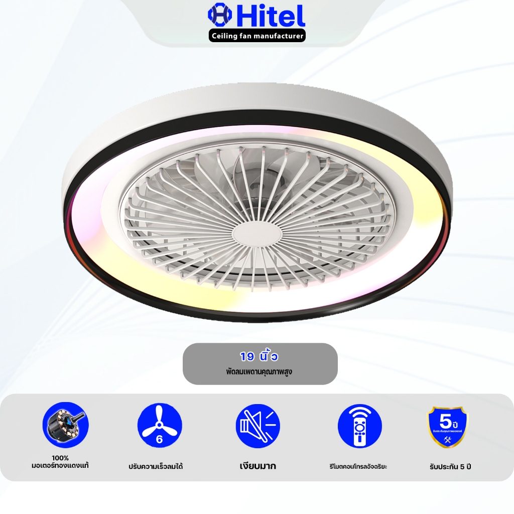 Hitel รับประกันมอเตอร์ 5 ปี พัดลมเพดาน 19 นิ้ว กึ่งฝังฝ้า พร้อมรีโมท พัดลมใบพัดซ่อน 6 ระดับ 3 สี เหมาะกับห้องนอน/ไฟพัดลม