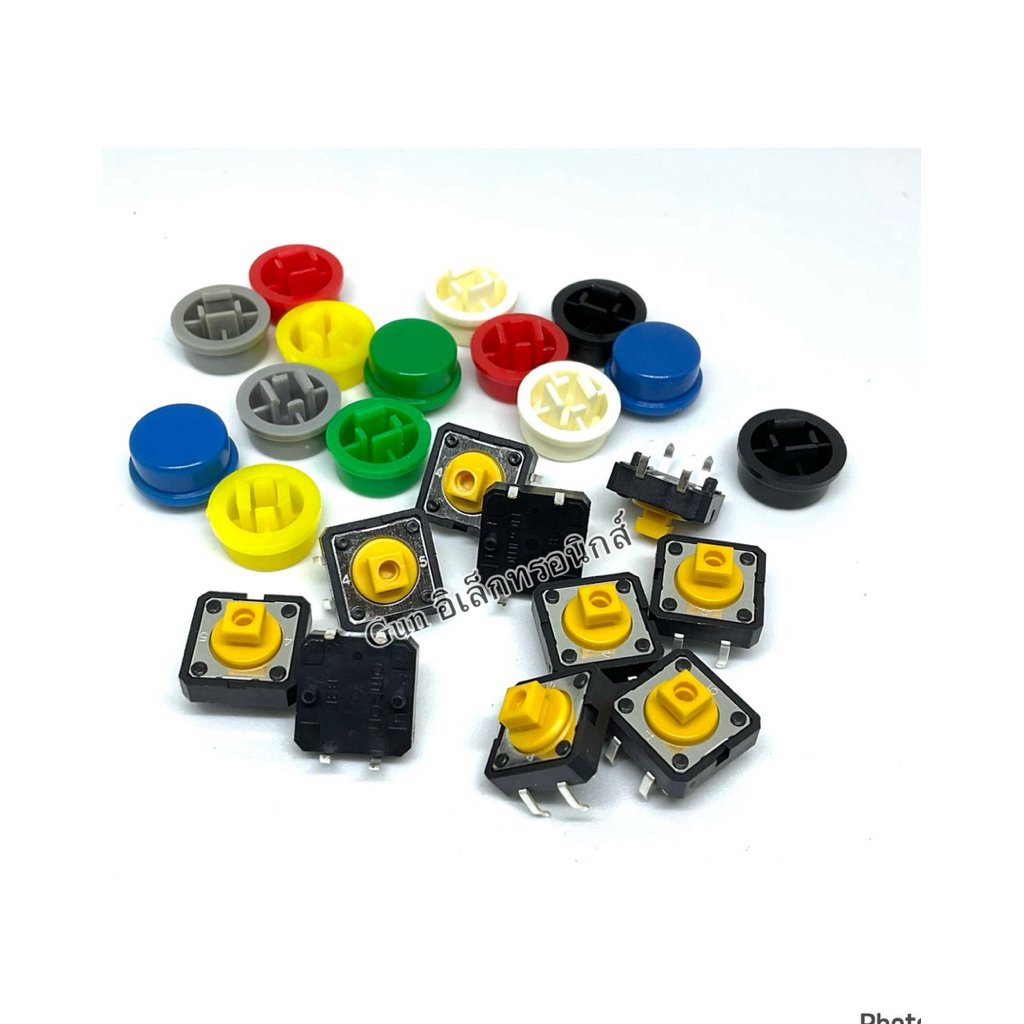 (แพ็ค10ตัว) สวิทช์ B3F + ฝาครอบ OMRON ปุ่มกด กดติด-ปล่อยดับ DIP TACT Switch 12x12x7.3mm