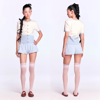 CHUUCHOP - (S-XL) Anna knit top เสื้อไหมพรมแขนสั้นจั๊มเอว ทูโทน (C8505)
