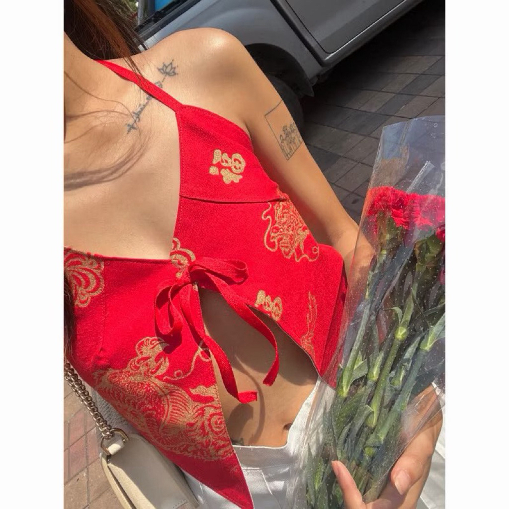 Qipao Sexy Top ครอปสีแดงรับตรุษจีนสุดแซ่บ