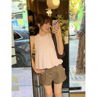 JANIE TOP - เสื้อแขนกุดลายสก็อต ปลายเสื้อบอลลูน (nita.bkk)