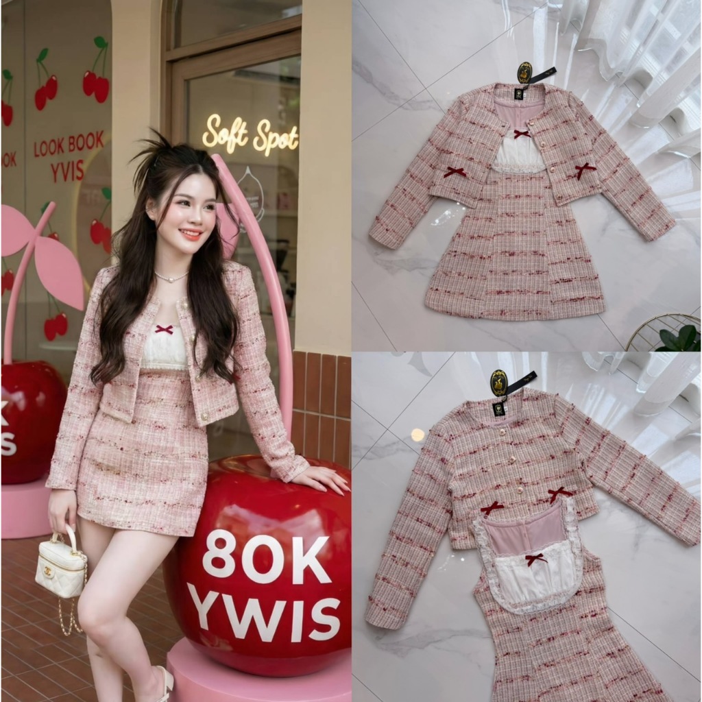 [PAIRY TALE] เดรสทวิวแขนกุดตัดต่อผ้าลูกไม้สีขาว แมตเสื้อคลุมแขนยาวติดโบว์แดง รุ่นนี้ผ้าทวิสสีชมพูแดง