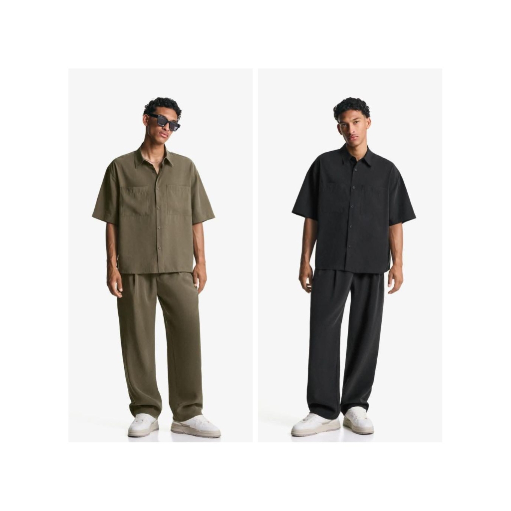Bershka short sleeve boxy fit shirt เสื้อเชิ้ตผู้ชาย แขนสั้น ทรงสั้น – โปรปัง