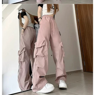 กางเกงทำงานสีดำเอวสูงกางเกงกีฬาลำลองทรงหลวม กางกางผู้หญิงwomen cargo pants กางเกงคาร์โก้ พร้อมส่งจากกทม