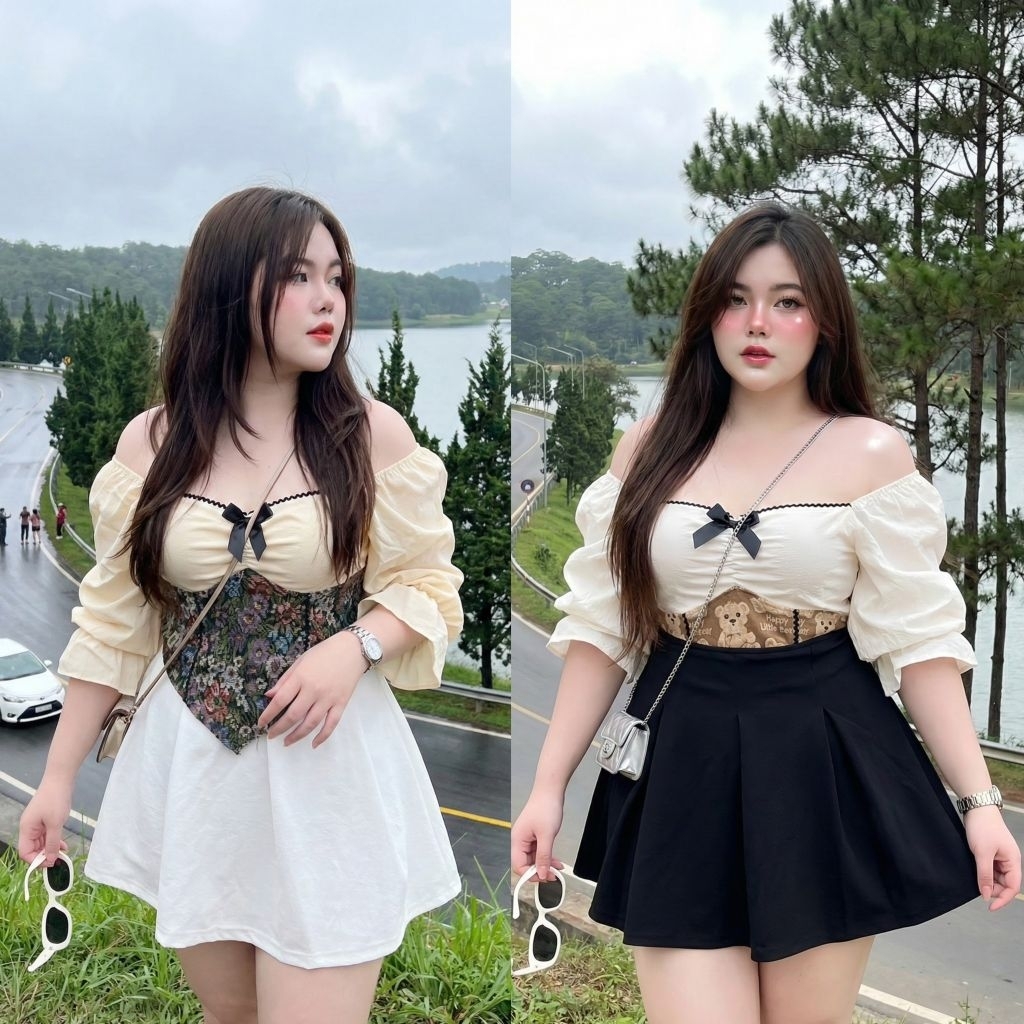 ชุดเซ็ตสาสอวบ เสื้อ+กระโปรง(ซับในกางเกง) อก36-46 เอว32-44 สพ56