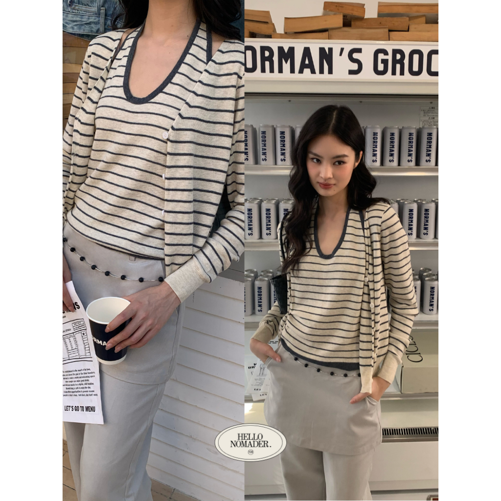 NOMADE.& พร้อมส่ง Crimson Blouse {เสื้อคล้องคอลายทาง+เสื้อแขนยาว เย็บติดแยกชิ้นไม่ได้}