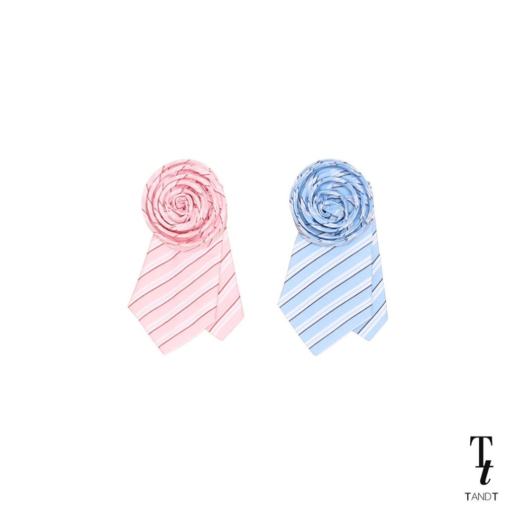 TandT - ROSY TIE - ROSE HAND-CRAFTED WITH TAIL STRIPED PIN เข็มกลัดดอกกุหลาบตกแต่งหางไทด์ ผ้าคอตต้อนลายทาง