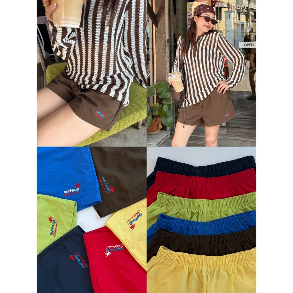 Lazy - cc - Sand Beach Pants - กางเกงขาสั้นผ้าร่ม ดีเทลปักเล็กๆ (พร้อมส่ง)