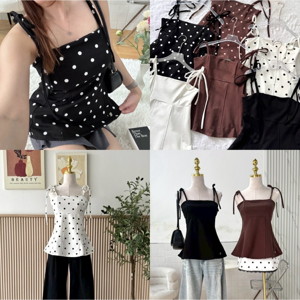 เสื้อสายดี่ยวตัวยาวสีพื้น/ลายจุด เป็นเกาะอกได้ มีซิปหลัง เสื้อสายเดี่ยวแขนผูกน่ารักตัวยาว โบว์ไหล่ BUBBLE (B005)