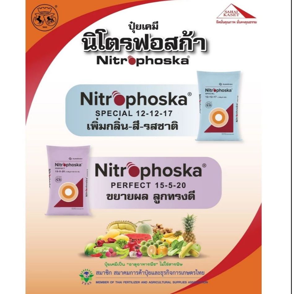 ปุ๋ยสูตร 15-5-20 และ 12-12-17 นิโตรฟอสก้า ขนาด 25 กิโลกรัมต่อกระสอบ สุดยอดปุ๋ย เร่งลูก สร้างเนื้อ