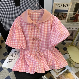 เสื้อลายสก๊อตแขนตุ๊กตาเอวสม๊อคหลัง แต่งโบว์แต่งสายผูก ผ้าดีใส่สบาย(อก28-52นิ้ว) งานไทยพร้อมส่งจากกทม