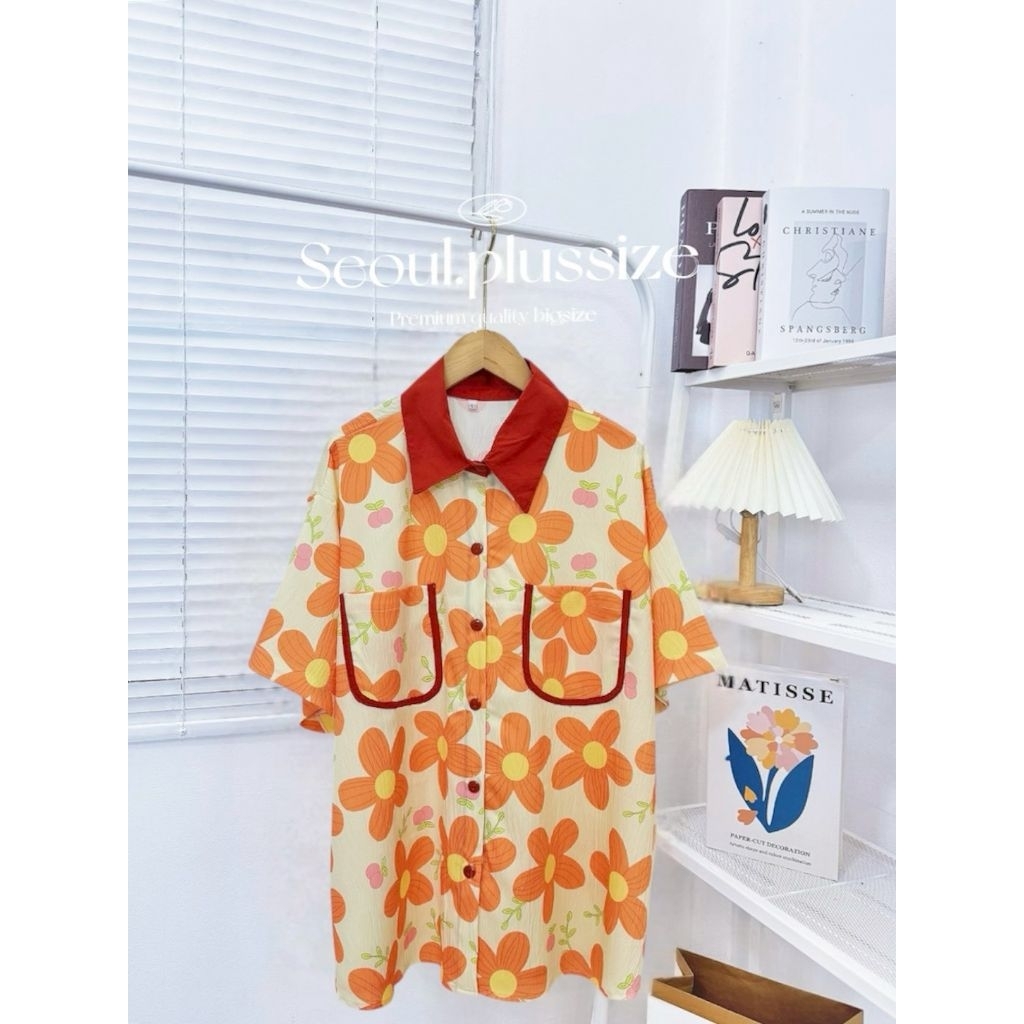 เสื้อเชิ๊ตไซส์ใหญ่ทูโทนคอปกสลับสีลายน่ารัก อก 40-60