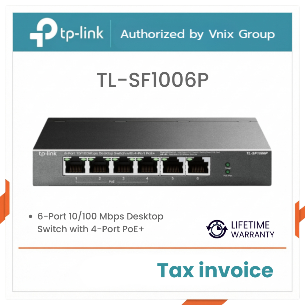 TL-SF1006P Tplink 6-Port 10/100 Mbps Desktop Switch with 4-Port PoE+ By Vnix Group