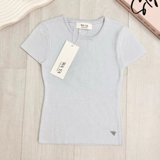 WA YA 2513เสื้อยืดคอกลมผ้าไหมพรม แต่งอะไหล่เงิน