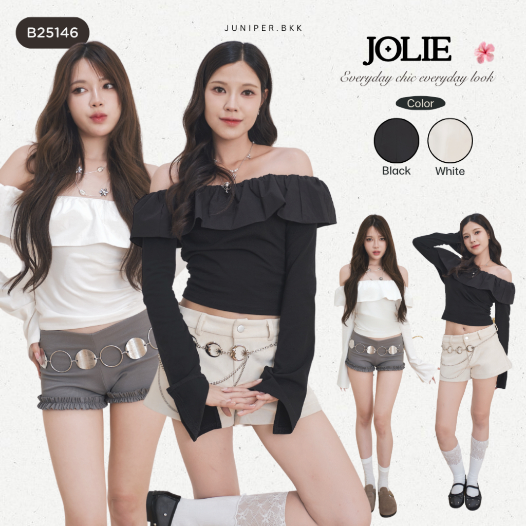 B25146 I JOLIE เสื้อปาดไหล่ระบายแขนยาว เสื้อปาดไหล่แขนยาว เสื้อระบายอก [ซื้อครบ 1,000 แถมเครื่องประดับ]