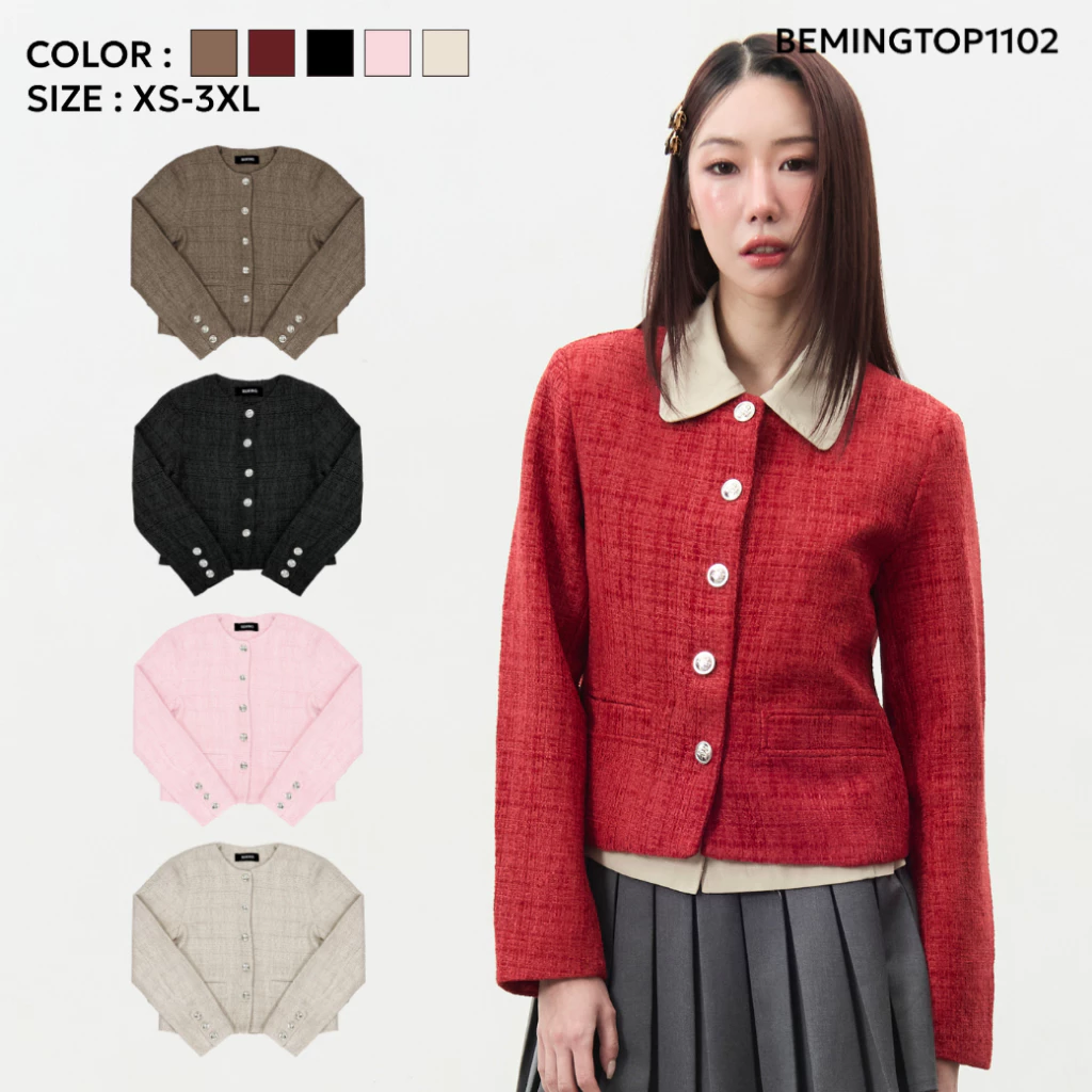 Bemingtop1102(XS-3XL)-BMG Tweed Blazer - เสื้อเบลเซอร์แขนยาวคอกลม ดีไซน์กระดุมหน้าผ้าทวีต