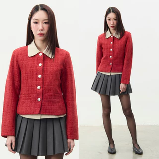 Bemingtop1102(XS-3XL)-BMG Tweed Blazer - เสื้อเบลเซอร์แขนยาวคอกลม ดีไซน์กระดุมหน้าผ้าทวีต