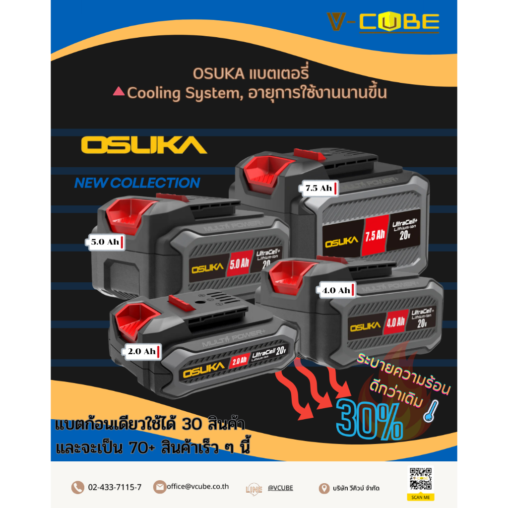 แบตเตอรี่ 20v OSUKA รุ่นใหม่ 4AH 5AH 7.5ah 2ah เฉพาะแบตเตอรี่ Battery Osuka Ultracell มีปุ่มเช็คสถาน
