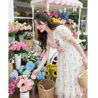 (มี3XL) Maria Diamond สีขาว Summer Tulip Dress เดรสยาวผ้าชีฟองปักทิวลิป แต่งโบว์หน้า แขนสั้นตุ๊กตา ซิปหลัง มีซับใน