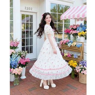 (มี3XL) Maria Diamond สีขาว Summer Tulip Dress เดรสยาวผ้าชีฟองปักทิวลิป แต่งโบว์หน้า แขนสั้นตุ๊กตา ซิปหลัง มีซับใน