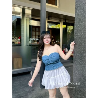 Plussize TOP เกาะอกยีนส์แต่งลูกไม้สาวอวบ อก 34-50 นิ้ว