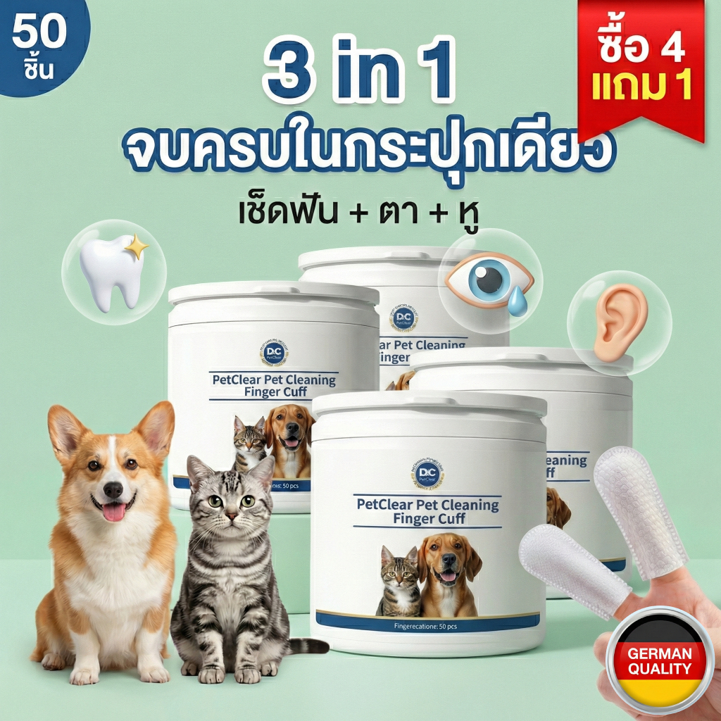 PetClear ผ้าเปียกสวมนิ้ว 3in1 เช็ดฟัน/หู/ตา สำหรับสัตว์เลี้ยง ใช้ง่าย ลดคราบพลัค สะอาดลึก (50 แผ่น)