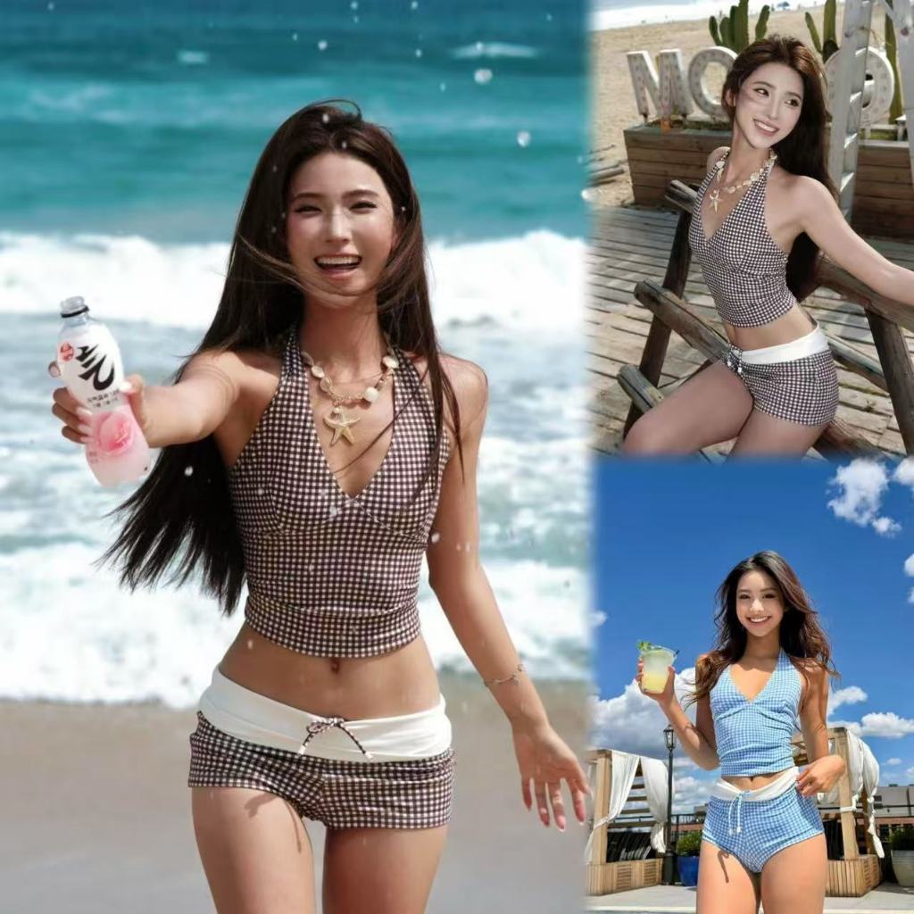 🌸Swift Bra🌸ชุดว่ายน้ำทูพีช บิกินี่ ลายสก๊อต คอวีลึก เว้าหลัง รุ่นใหม่ summer