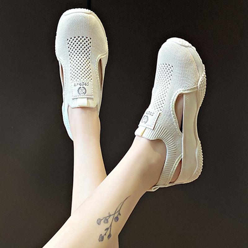 LGShoes รองเท้าผ้าใบสีขาวพร้อมตาข่ายเจาะระบายอากาศสำหรับผู้หญิงรับซัมเมอร์ พื้นนุ่มกันลื่น แบบสวม สปอร์ต ลำลอง แมตช์ง่าย