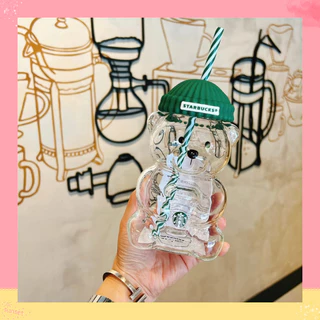 แก้วน้ำสตาร์บัคส์ รุ่นหมีแก๊งค์ หมวกเบเร่สีเขียว แก้วใสสวยงาม มีลายโลโก้ชัดเจน มาพร้อมหลอดดื่มสายสี