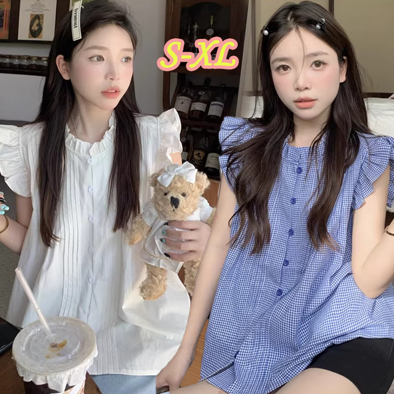 W623 เสื้อทรงเบบี้ดอลล์แขนสั้นทรงหลวมสไตล์ฝรั่งเศสสำหรับผู้หญิง เหมาะสำหรับฤดูร้อน มีให้เลือกสีขาวและสีฟ้า สไตล์น่ารัก