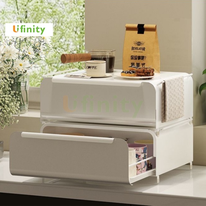 Lifinity ที่วางเครื่องชงกาแฟและแก้วแบบตั้งซ้อนได้ พร้อมลิ้นชักและฝากันฝุ่น ช่วยจัดระเบียบและประหยัดพื้นที่